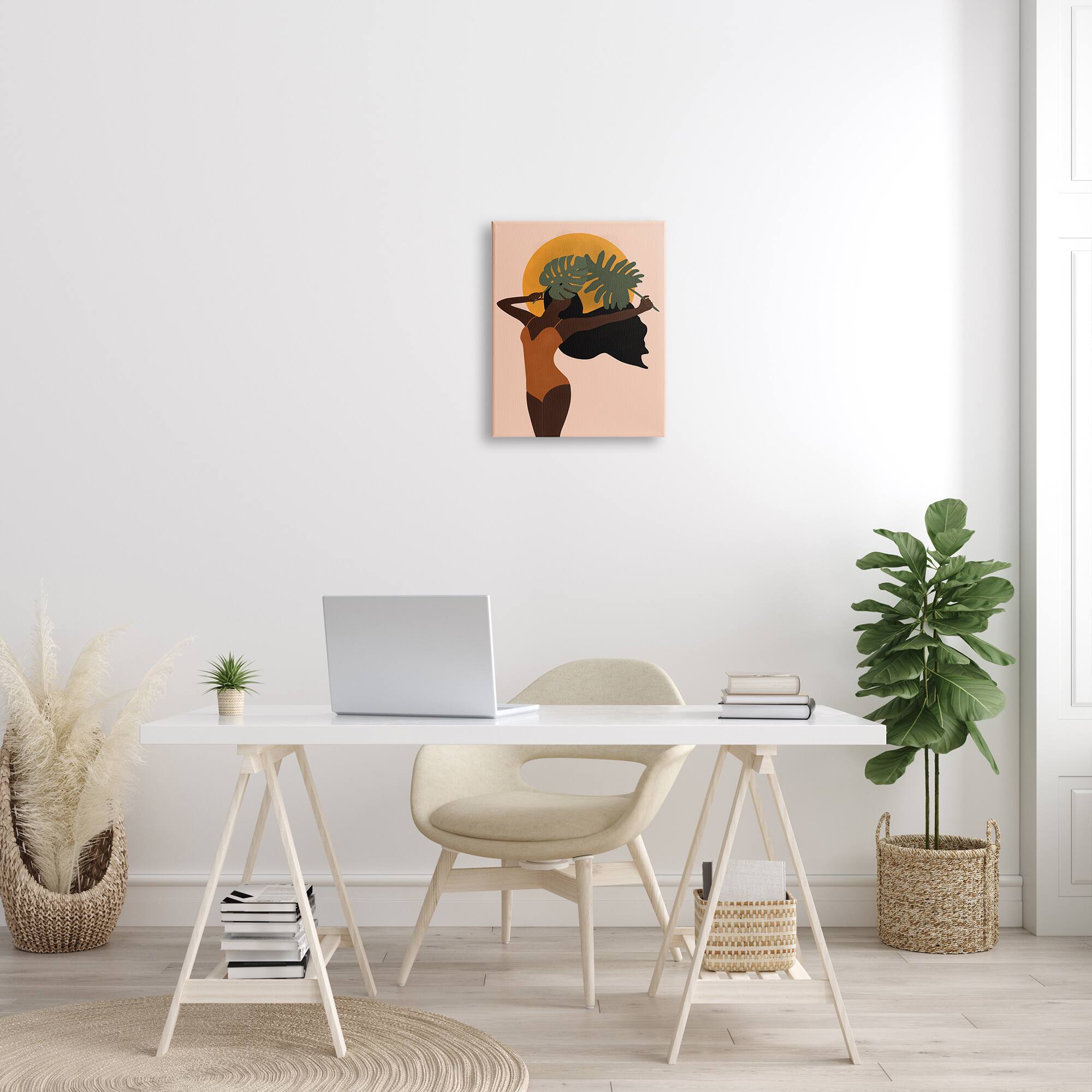 Stupell Industries Female Holding Tropical Monstera Leaf under Sun Canvas Wall Art